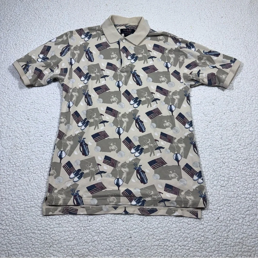 C&B Sport CROFT & BARROW Polo Shirt Mens S Golf Ball USA Flag Print